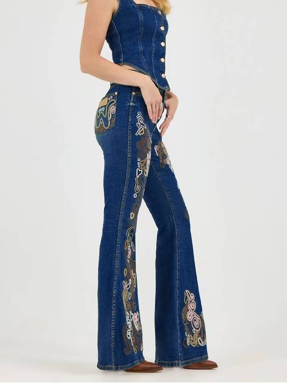 Blue Wild Western Floral Vine Embroidered flare jeans for wholesale on Faire1
