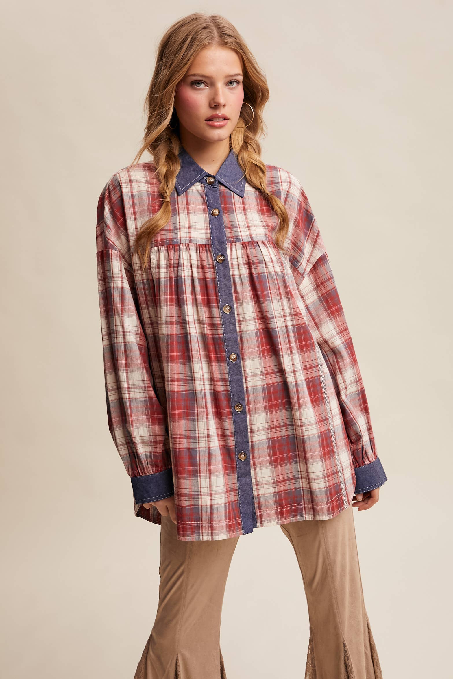 Listicle - Wholesale Button Down Shirt - Women's - Mixed Plaid Oversized Button-Down Shirt LJ020519