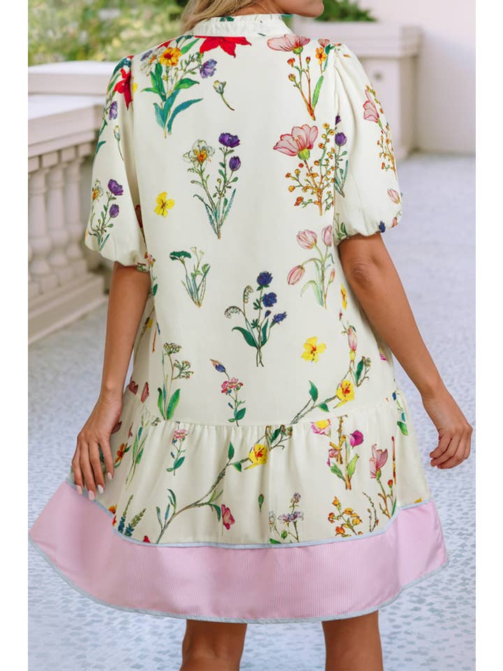 White LDC Striped and Floral Print Frill Neck Mini Dress for wholesale on Faire