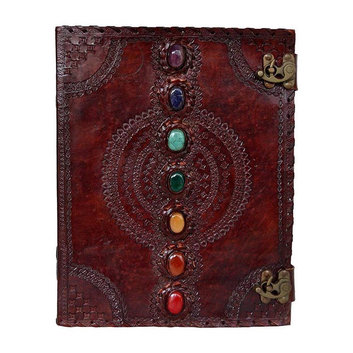Tuzech Leather - Venta al por mayor Diario/agenda - Diario de Cuero Artesanal Veterano Siete Chakras Medieval con Piedra en Relieve Hecho a Mano Libro de Sombras Cuaderno Diario de Oficina Libro Universitario Libro de Poesía Cuaderno de Bocetos 10 x 13 Pulgadas