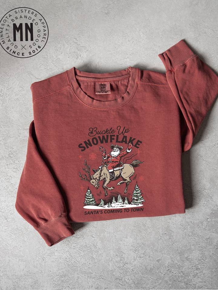Buckle Up Snowflake Crewneck for wholesale by Minnesota Sisters