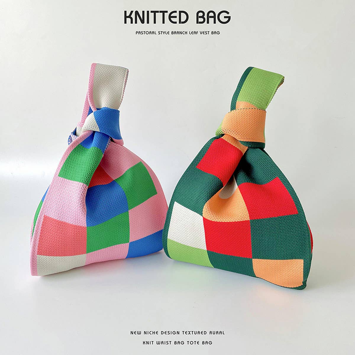 ACCITY - Wholesale Tote Bag - Women's - PINK AND GREEN CHECKERBOARD KNIT TOTE BAG_CWAB23945