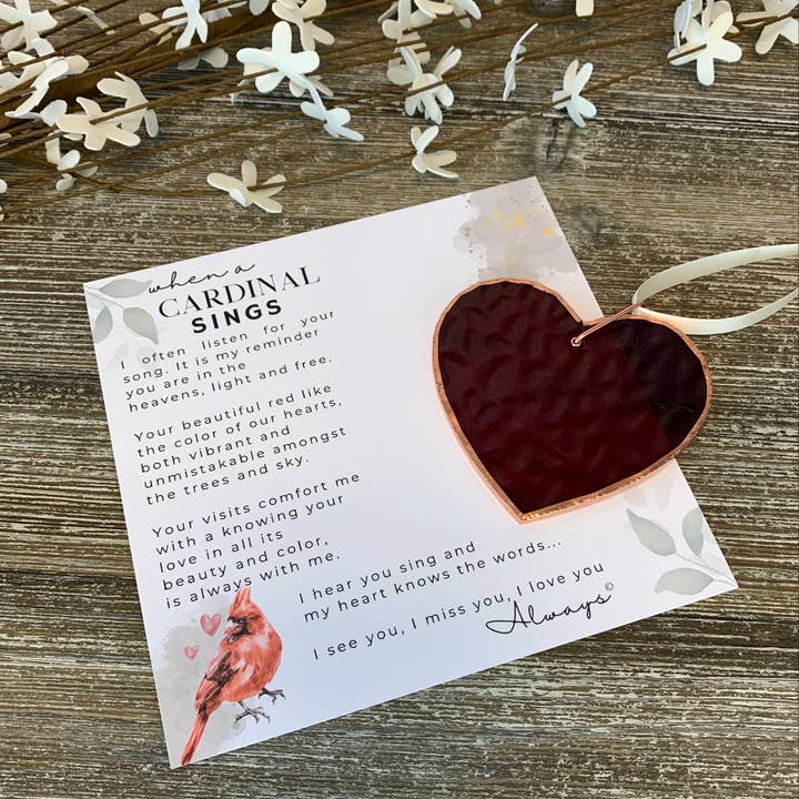 The Grandparent Gift Co. Inc. - Wholesale Ornament - When A Cardinal Sings Memorial Stained Red Glass Heart 4900