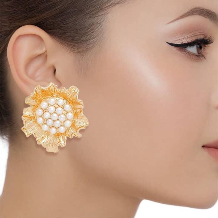 Clip On Gold Sculpted Floral Cream Pearl Earrings for wholesale by PinktownUSA