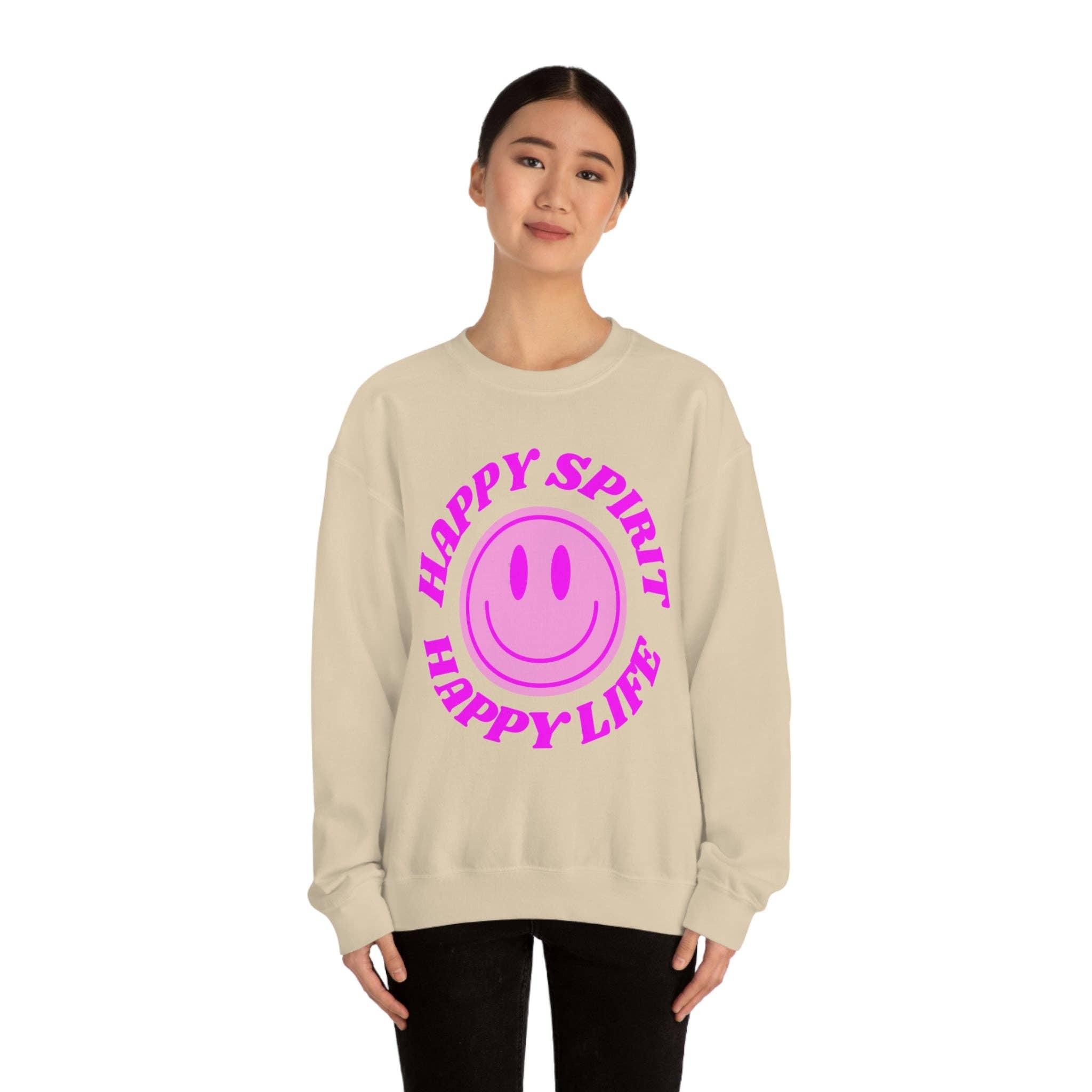Happy Life Stuff - Wholesale Graphic Sweatshirt - Women's - Happy Spirit Happy Life Sweatshirt, VSCO Girl Crewneck, Oversized Retro Font Graphic Tumblr, Front Print Smile Face Trendy Cover Up32