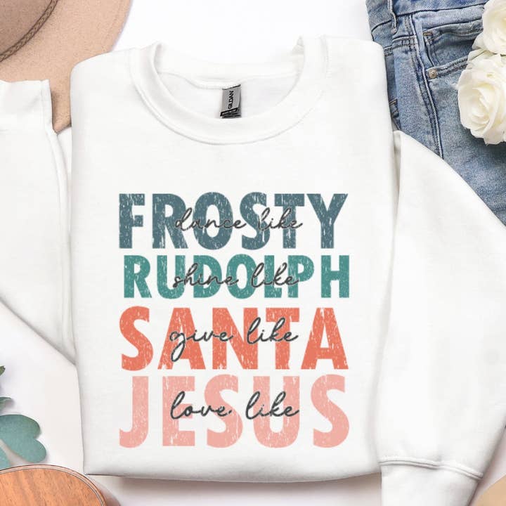 Frosty Rudolph Santa Jesus Christmas Sweatshirt for wholesale by Pecan Creek Designs