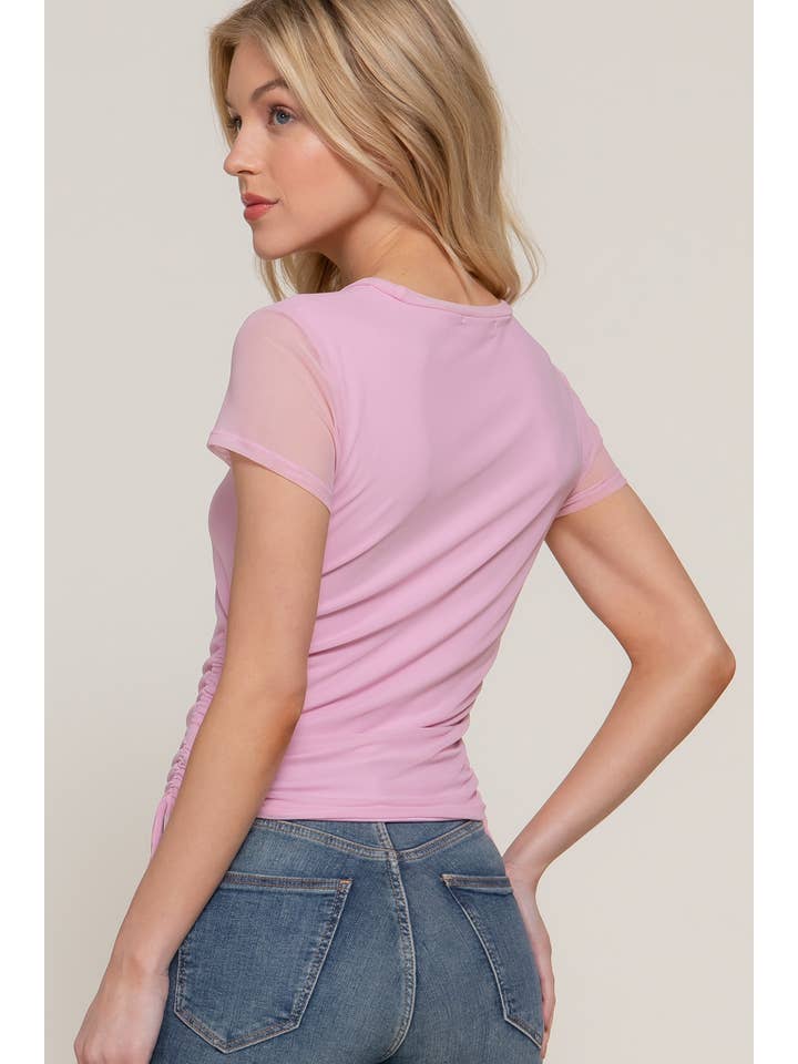 Active Basic | Active USA - Wholesale Knit Top - Women's - Short Sleeve Round Neck Side Ruched with Shirring Mesh Top