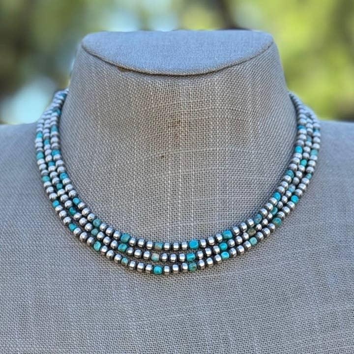 Nizhonitradersllc - Vente Collier de perles - Collier en perles de turquoise Kingman et argent sterling 4 mm fait main 16"0