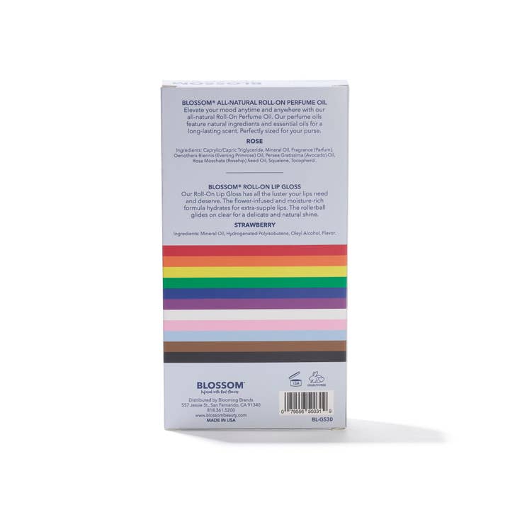 Blossom Beauty – wholesale Lip-gloss – LET, LOVE, SHINE Rainbow 2 Piece Set - Roll-On Lip Gloss and Roll-on Perfume Oil1