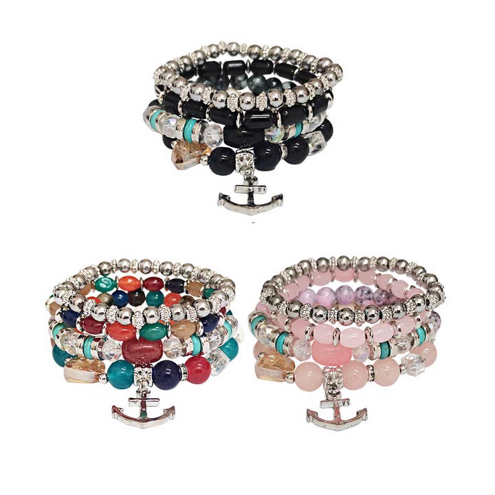 ASSORTED SILVER ANCHOR CHARM BEAD BRACELET SET 2521-53 (12PC) for wholesale on Faire