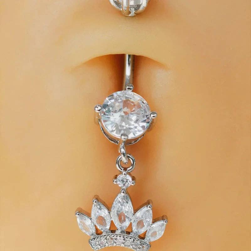 StockJWL - Wholesale Belly Ring - Princess Crown Belly Button Ring, Navel Piercing, Belly Button Piercing, Curved Barbell, Belly Piercing, Belly Bar, Belly Ring, Dangle6