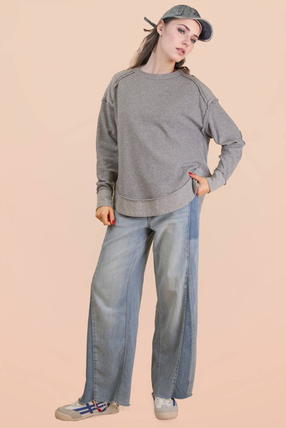 VERY J - Wholesale Knit Top - Women's - NT12234-Mineral Washed Elbow Patch Contrast Knit Top22