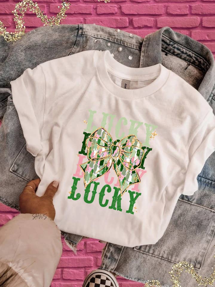 Lucky Stack Bow Graphic Tee for wholesale by Shop Hal Wholesale