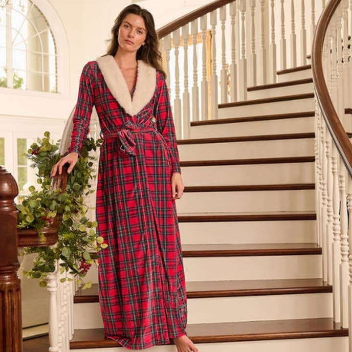 Sugar Bee Clothing - Vente Peignoir – femme - Pyjama de Noël 2025 - Peignoir à bordure en fourrure - Tartan2