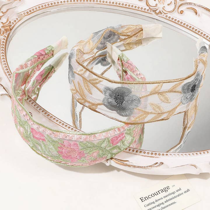 ACCITY - Wholesale Fashion Headband - Women's - MESH EMBROIDERED FLOWER HEADBAND_CWAHA16515