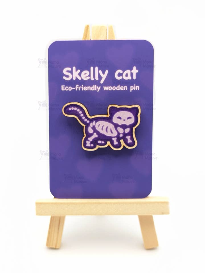 Skelly Cat Pin Badge | Cute Halloween Wooden Pin for wholesale by Mona Mauve • Silly Art!