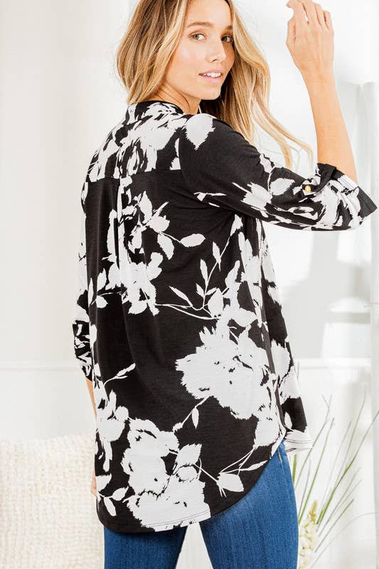 HEIMISH – wholesale Tunic – Women’s – ST1002-67 3/4 BUTTON SLEEVE MANDARIN COLLAR  NECK FLORAL TOP12