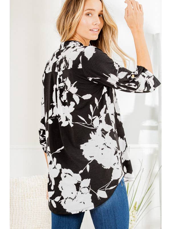 HEIMISH – wholesale Tunic – Women’s – ST1002-67 3/4 BUTTON SLEEVE MANDARIN COLLAR NECK FLORAL TOP12