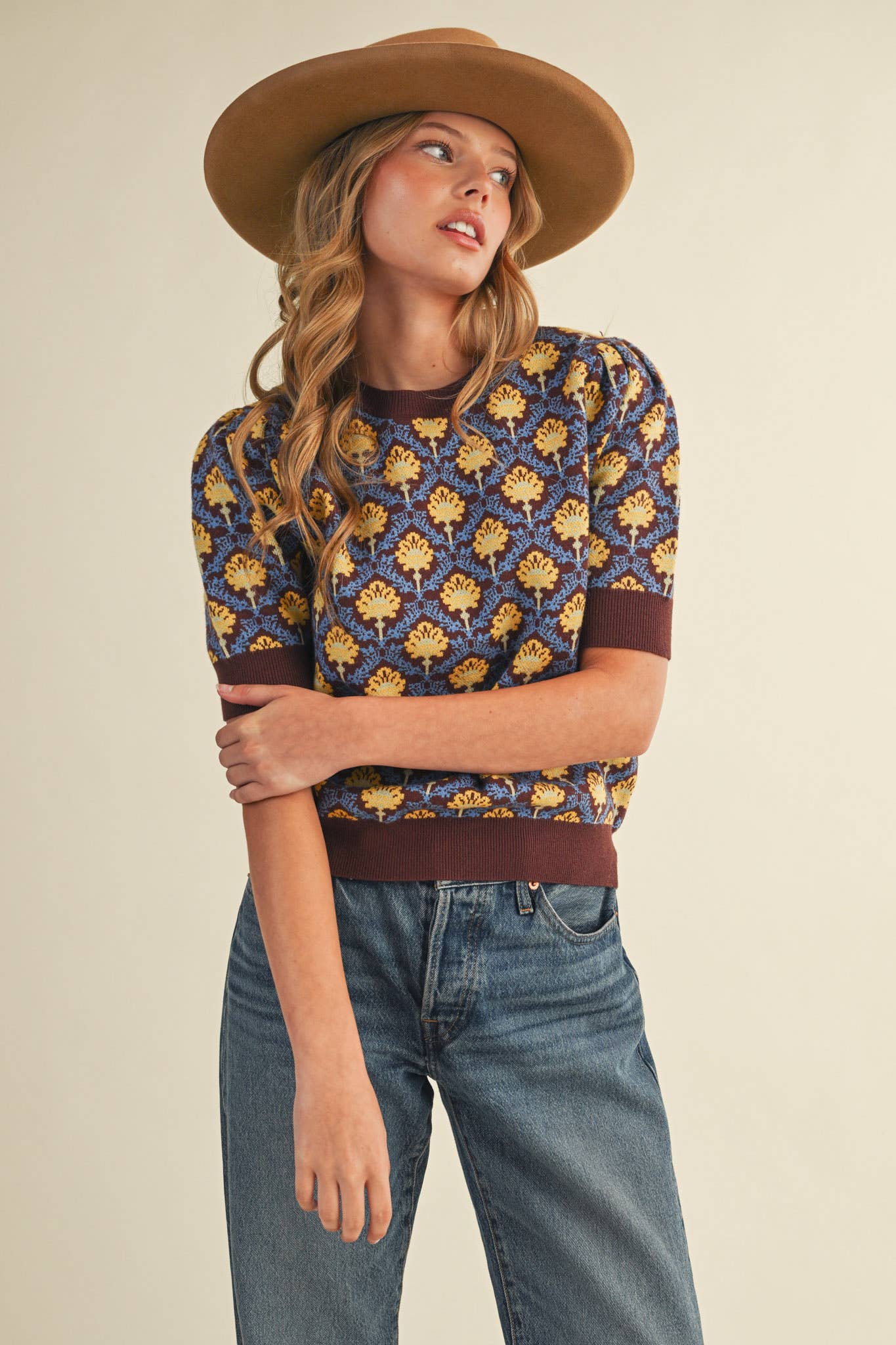 &MERCI - Wholesale Knit Sweater - Women's - FLORAL PATTERN SHORT SLEEVE SWEATER MSW1086056