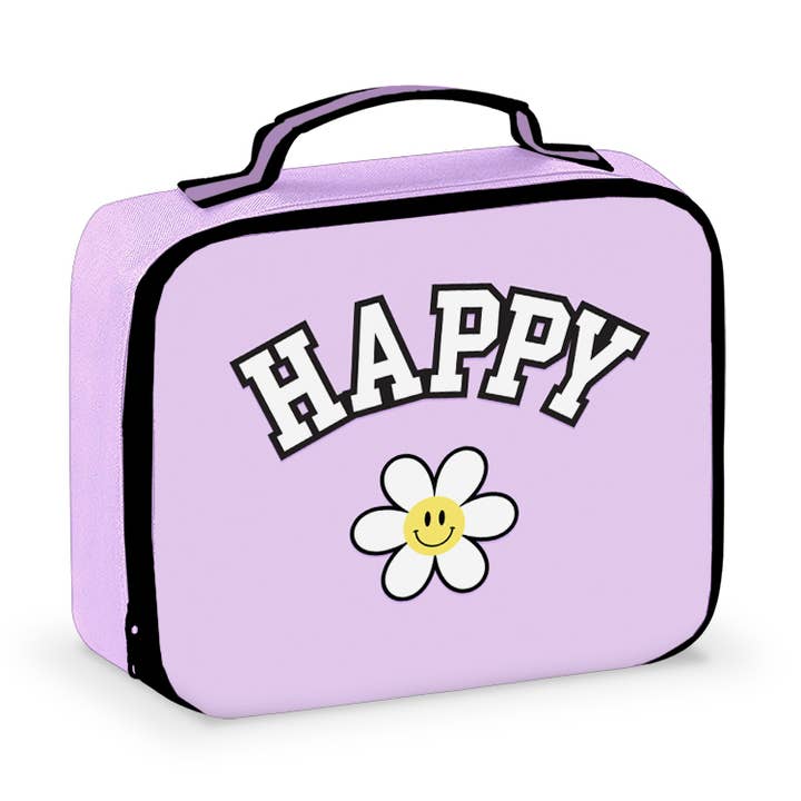 Purple Happy Canvas Insulated Lunch Box with Patches for wholesale by Top Trenz Inc