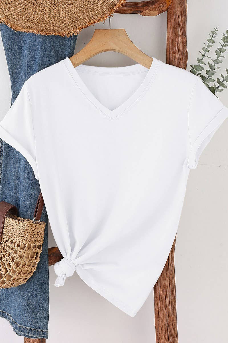 NINEXIS - Wholesale T-Shirt - Women's - CWTTS1544_V-NECK FASHION SIMPLE SOLID COLOR SHORT SLEEVES0