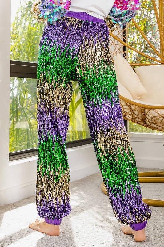 PURPLE Mardi Gras Sequin Color Block Pants for wholesale on Faire2