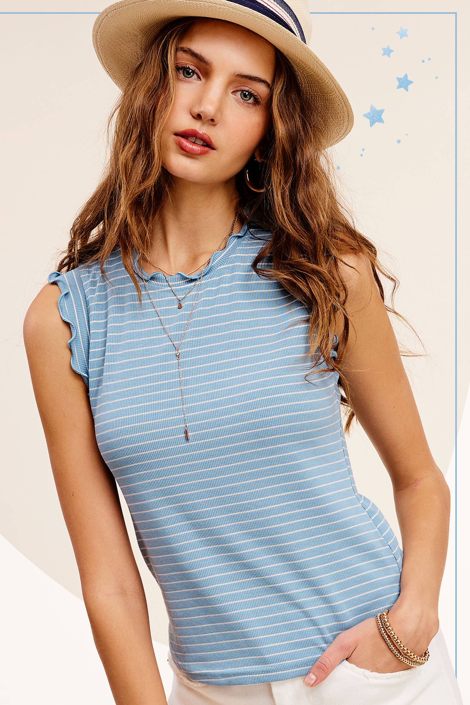 La Miel – wholesale Tank top – Women′s – HCT7692-Stretchy Brushed Ruffle Sleeve Stripe Tank Top23