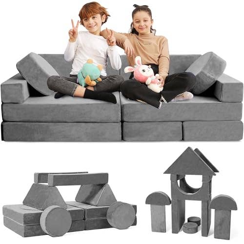 AllSett Health - Wholesale Toy Set - Kids - Contour Comfort Kids Couch, 14 PC Modular Kids Play Couch Set – Convertible Kids Sofa Couch with Soft Foam Sofa Cushions | Kids Fort Couch, Kid Couch Play Room Furniture, Grey