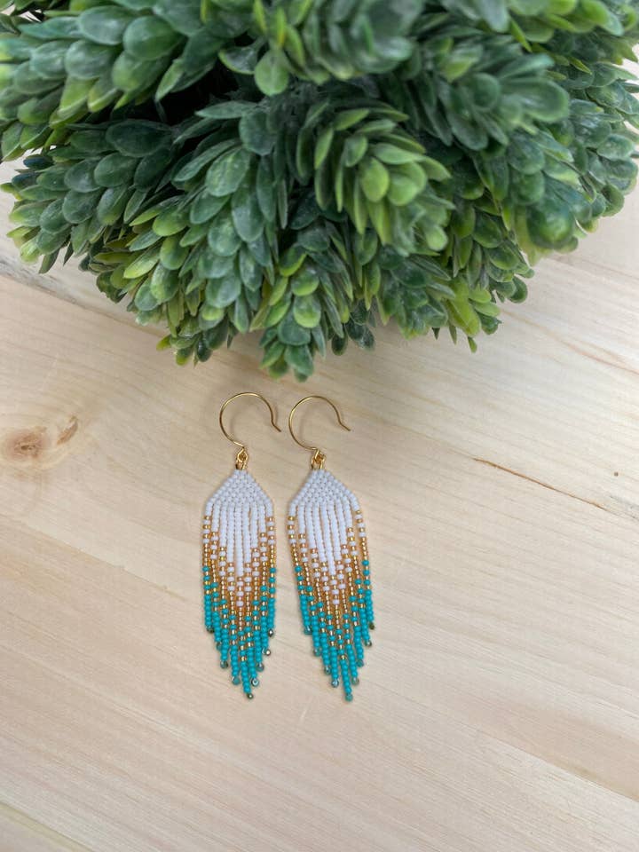 Lovely Teal and Gold Boho Fringe Earrings for wholesale by Hazel Earth Design