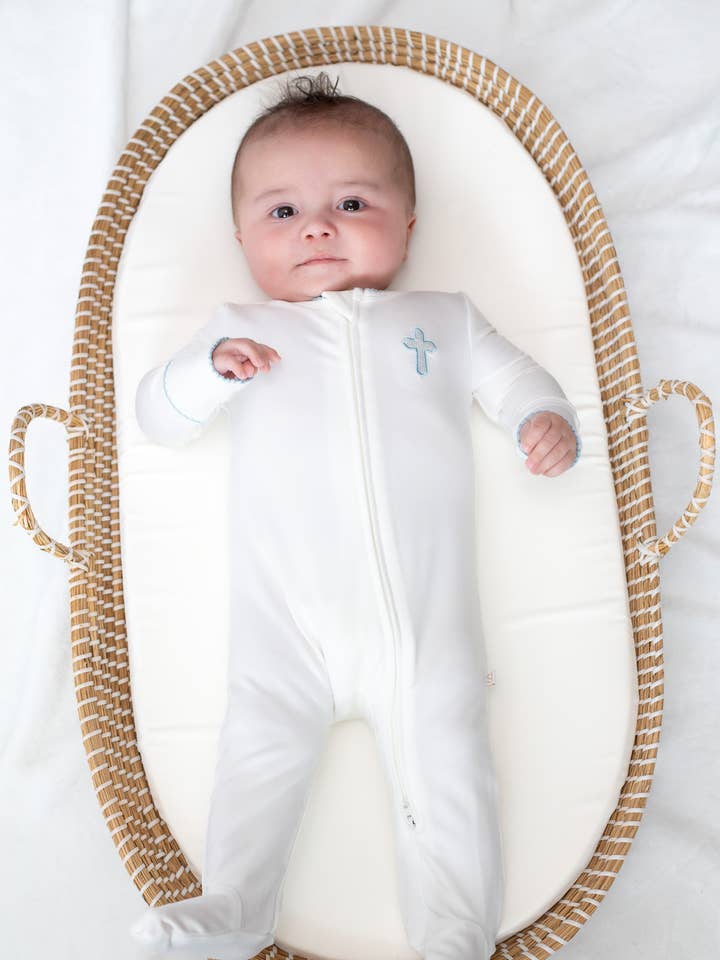 Blue Cross (Easter/Baptism/Christian) Embroidered Zip Romper for wholesale by Goosies