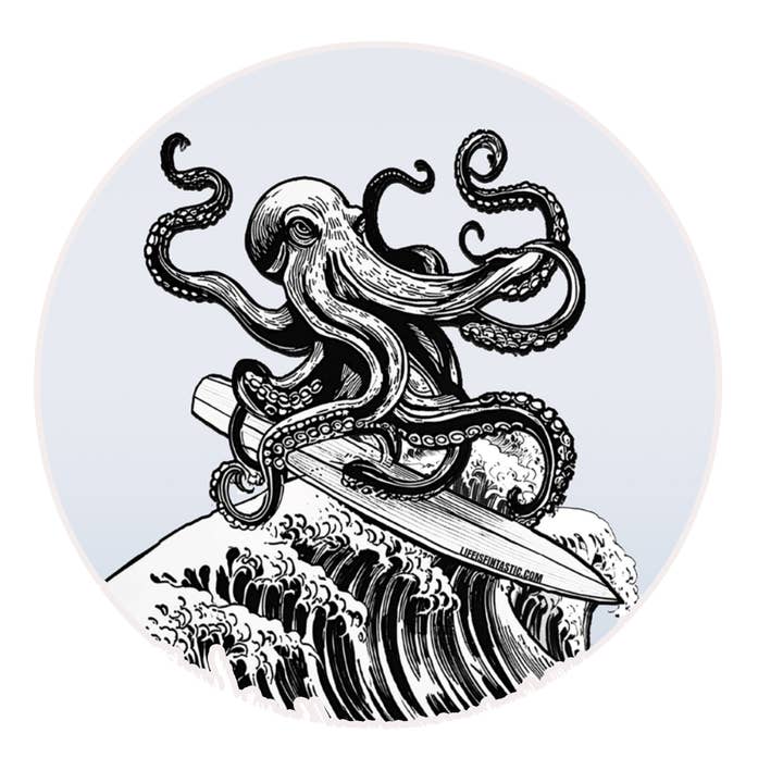 Autocollant Kraken Surfing Waves pour la vente par Life Is Fintastic