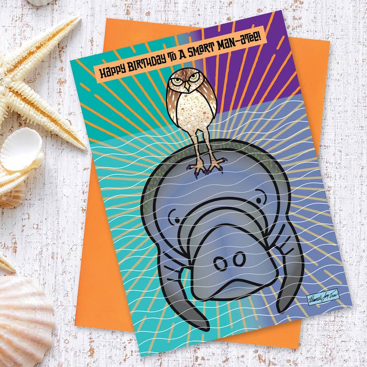 The Art of Pamela Joy Trow - Wholesale Birthday Card - Happy Birthday Card for Men with Owl on a Manatee