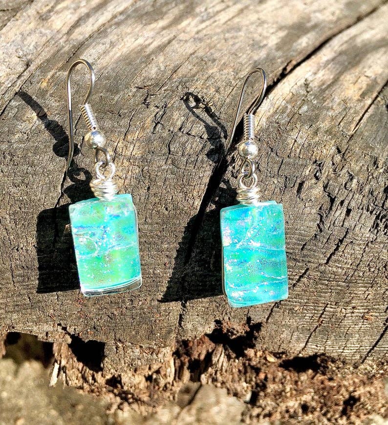 Flame Work Designs - Glass Jewelry - Wholesale Dangle Earrings - Dichroic Glass Earrings - Light Blue6