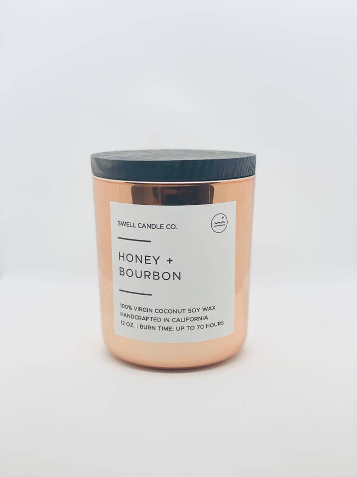 Honey + Bourbon Coconut Soy Candle with Wooden Wick for wholesale by Swell Candle Co