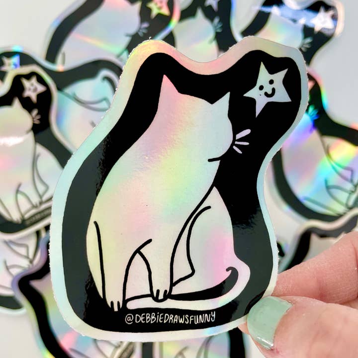 Katt klistermärke Rainbow Holographic Cat Vinyl Klistermärke för wholesale av Debbie Draws Funny