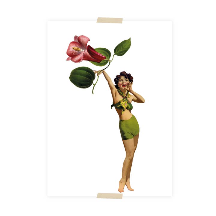 Carte postale collage fille appelant avec fleur pour la vente par Lylies