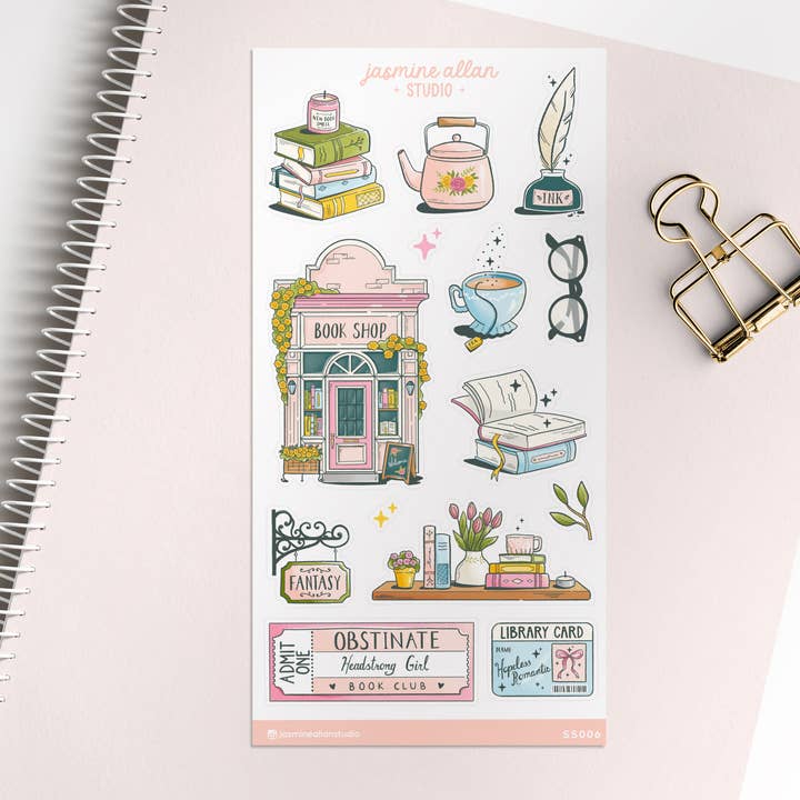 Bookshop Sticker Sheet, Book Lover Vinyl Stickers for wholesale by Jasmine Allan Studio