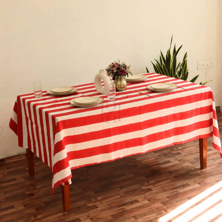 Red cotton table cloth hand block print for table decor for wholesale by The Cotton County
