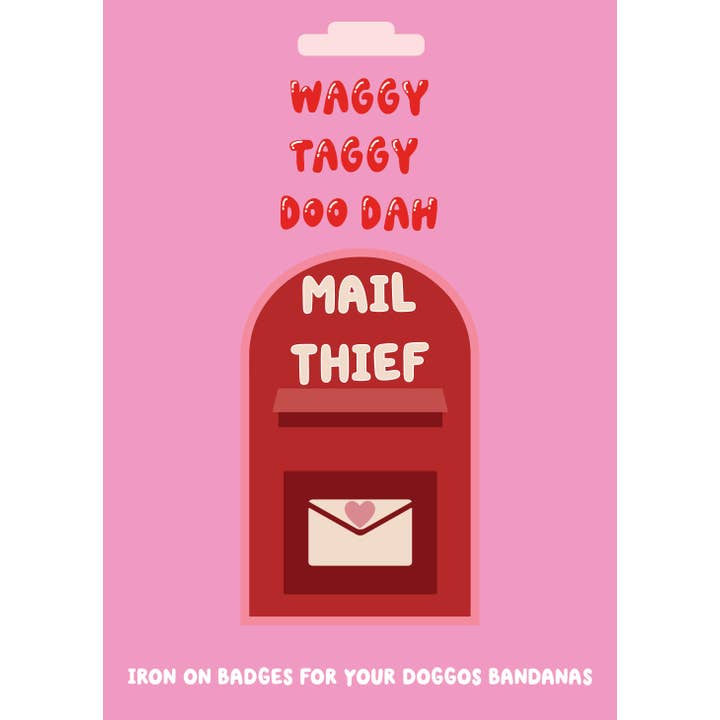 Mail Thief embroidered iron on patch for dogs for wholesale by Apex Pet Products (Meaty Bubbles)