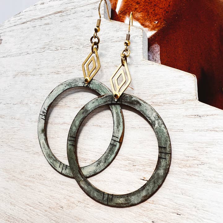 Large Hoop Earrings Blue-Green Patina Geometric Tribal Boho for wholesale by Permanent Baggage