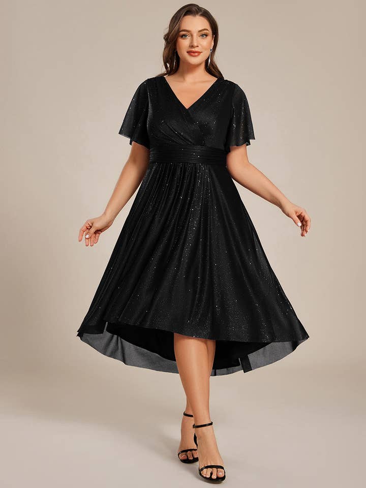 Plus Size Short Sleeve Ruffled Pleated V-Neck A-Line Midi Wedding Guest Dresses for wholesale by Ever-Pretty