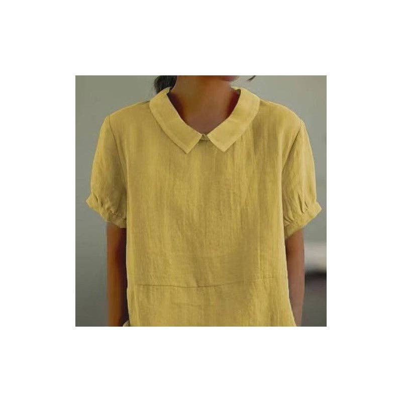 FurDecoration - Wholesale Blouse - Women's - Loose Fit Solid Color Wide Lapel Short Sleeve Shirt9