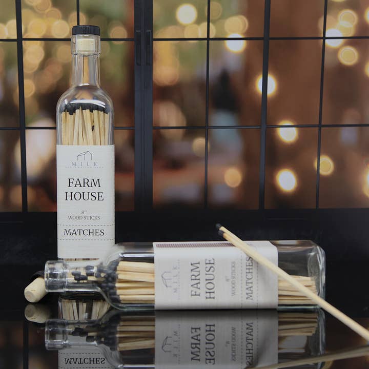 Milk Reclamation Barn - Wholesale Matches - Match Bottle - 50+ matches in tall olive oil bottle1