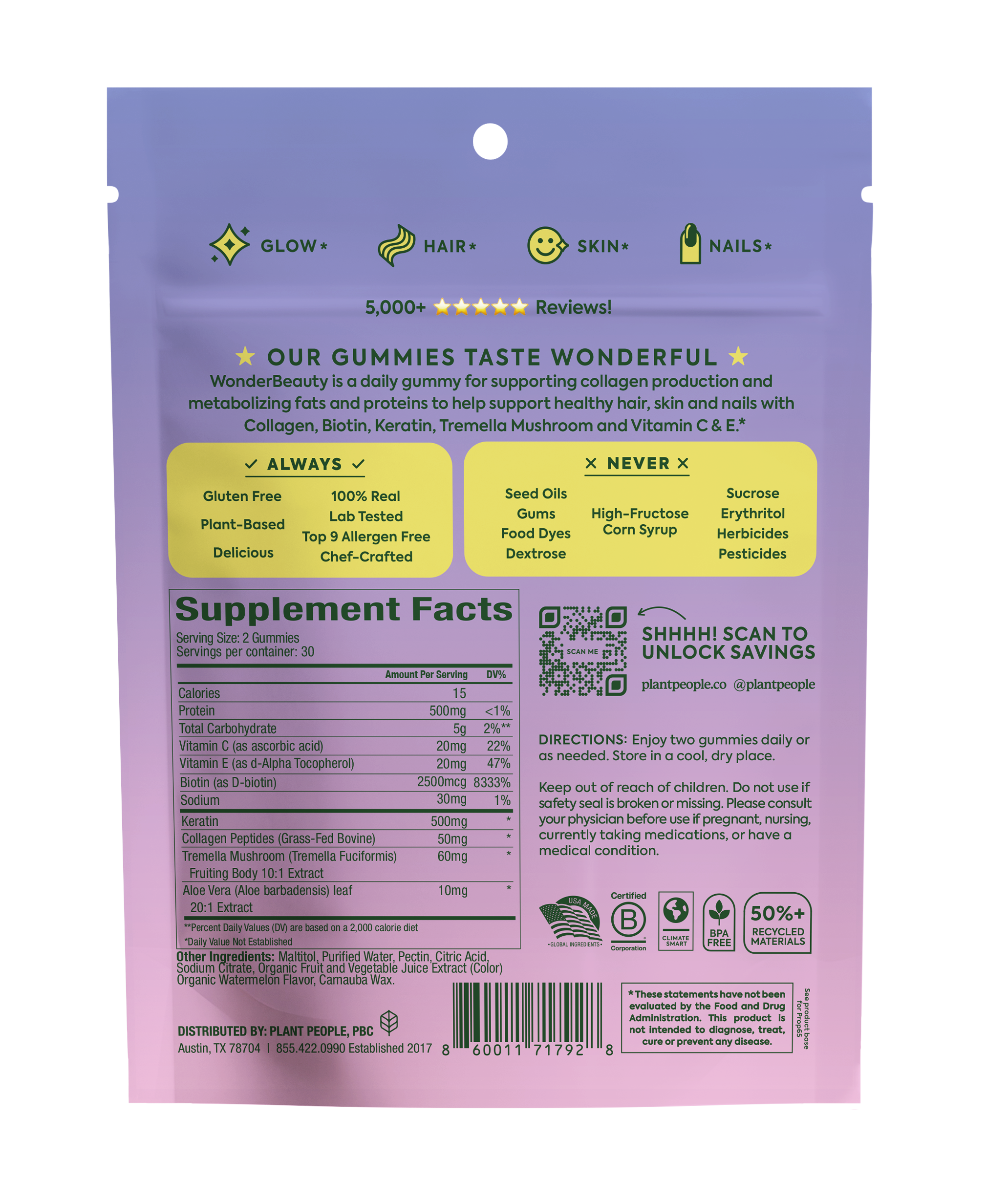 Plant People – wholesale Oral supplement/vitamin – WonderBeauty - Hair, Skin & Nails Gummies1