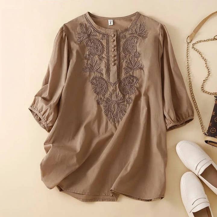 FurDecoration - Wholesale Blouse - Women's - Flowy Floral Embroidered Cotton Linen Blouse