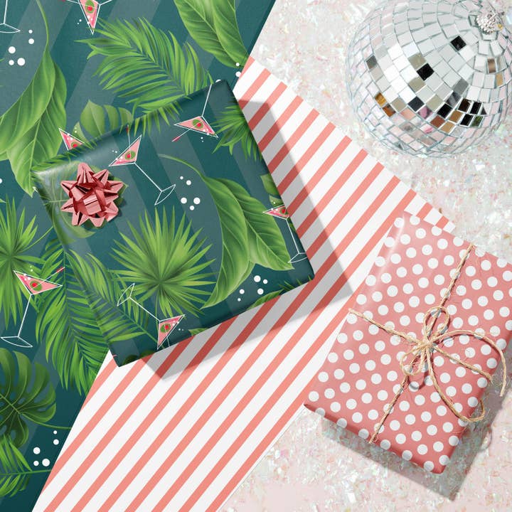 Mod Lounge Paper Company - Wholesale Flat Wrap - Palm and Pink Martini Gift Wrap Double Sided Rolled Tube