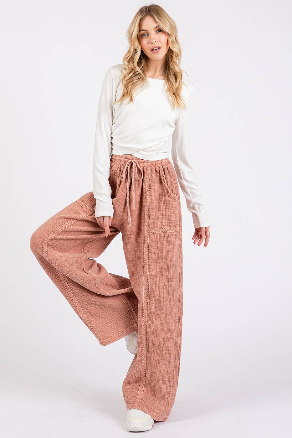 mittoshop - Wholesale Pants - Women's - LACE TRIM DETAIL ELASTIC WAIST COTTON GAUZE PANTS5