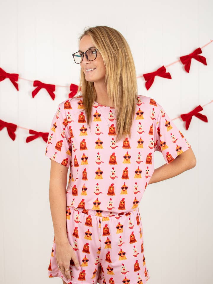 Valentine Chickens Adult Bamboo Pajama 2-Piece Set for wholesale by American Farm Company