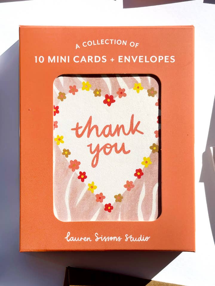 Mini biglietto di auguri di ringraziamento, in scatola, con 10 biglietti di ringraziamento per la vendita all'ingrosso da parte di Lauren Sissons Studio