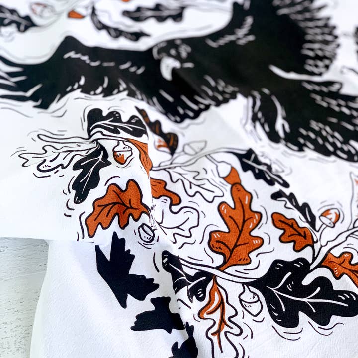 Corvidae drawings & designs - Wholesale Tea Towel - Crow + Oak Leaves Kitchen Tea Towel2